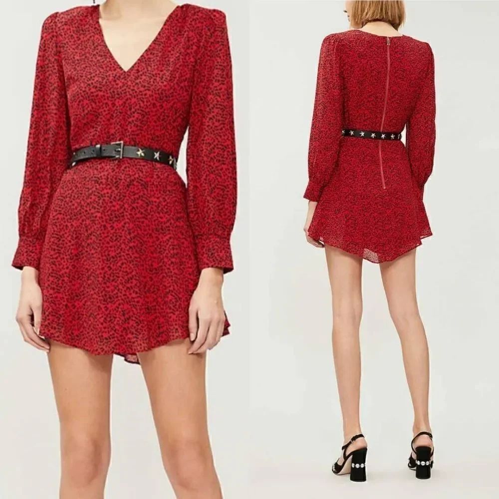 Alice + Olivia Dress Polly Fit & Flare Leopard Print Long Sleeve Mini Red 4 NWT